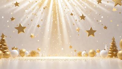 The primary subject of the image is a brightly lit starry background with a white surface. The setting is a white background with a starry pattern, and the visual style is a digital art or illustration. The colors and mood of the image are predominantly white and gold, creating a warm and festive atmosphere.